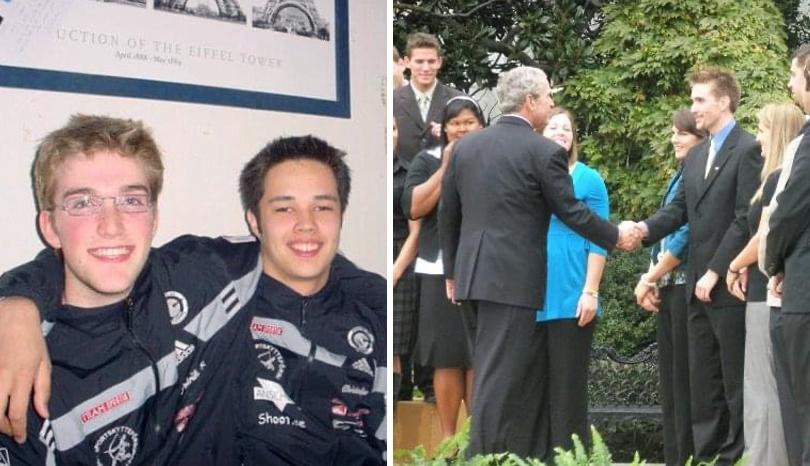 Collage: Patrik på Skyttegymnasiet. Patrik skakar hand med George Bush.